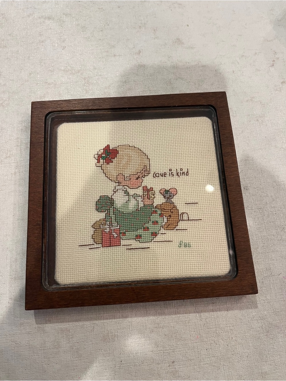Vintage handmade Precious Moments Cross stitch Love trivet/ plaque